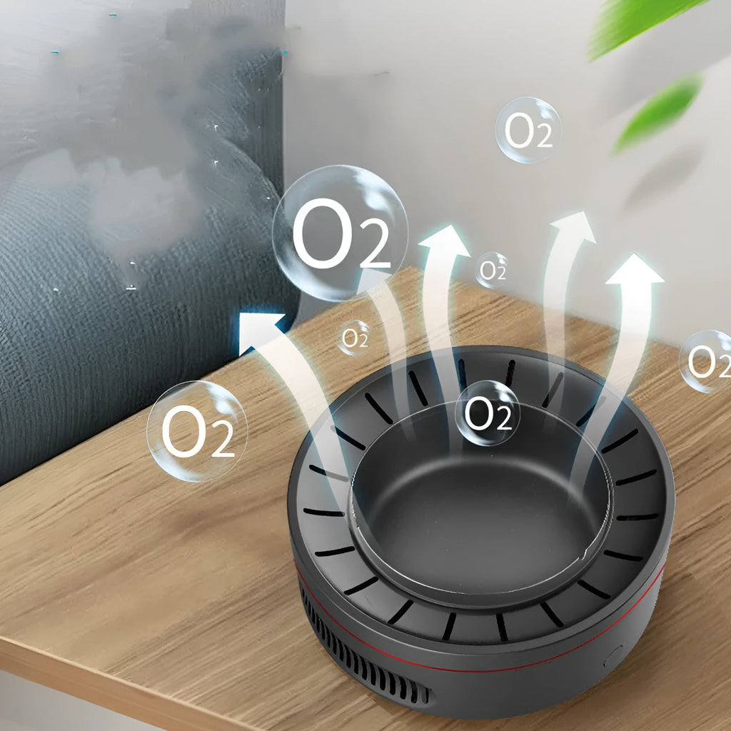 Black multi-function electronic ashtray purifier, 18x18x7.3cm, with 3000mAh battery and negative ion air cleaning.