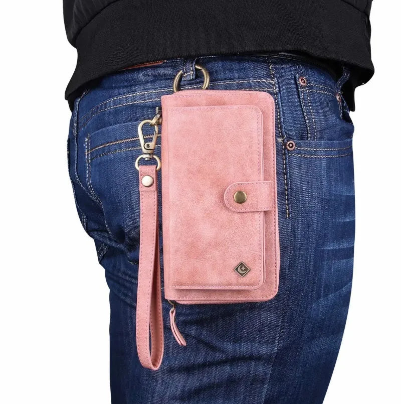 Black PU leather zipper wallet case open to show phone slot and card holders for a Samsung Galaxy phone.