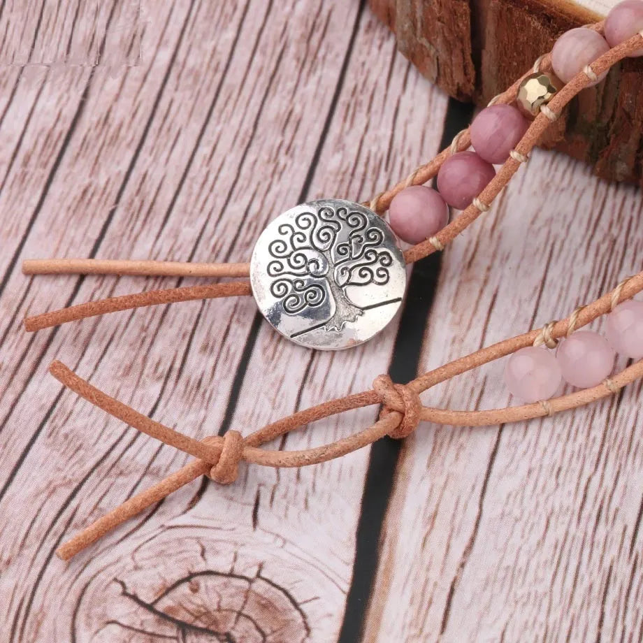 Natural rose quartz leather wrap bracelet 5 strand boho style on wrist