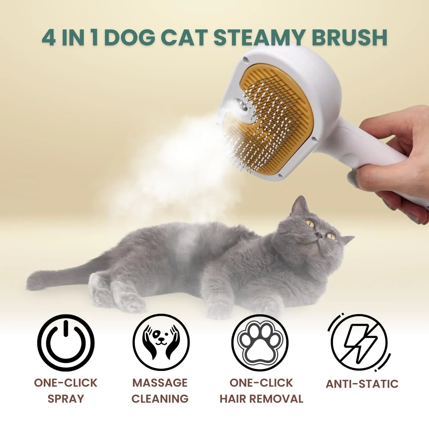 White pet grooming brush with steam spray function and self-cleaning mechanism