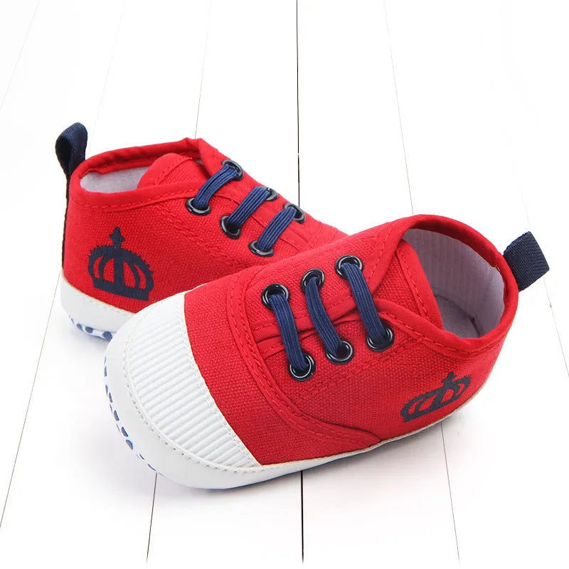 Canvas toddler shoes in red and white with cotton upper and elastic band