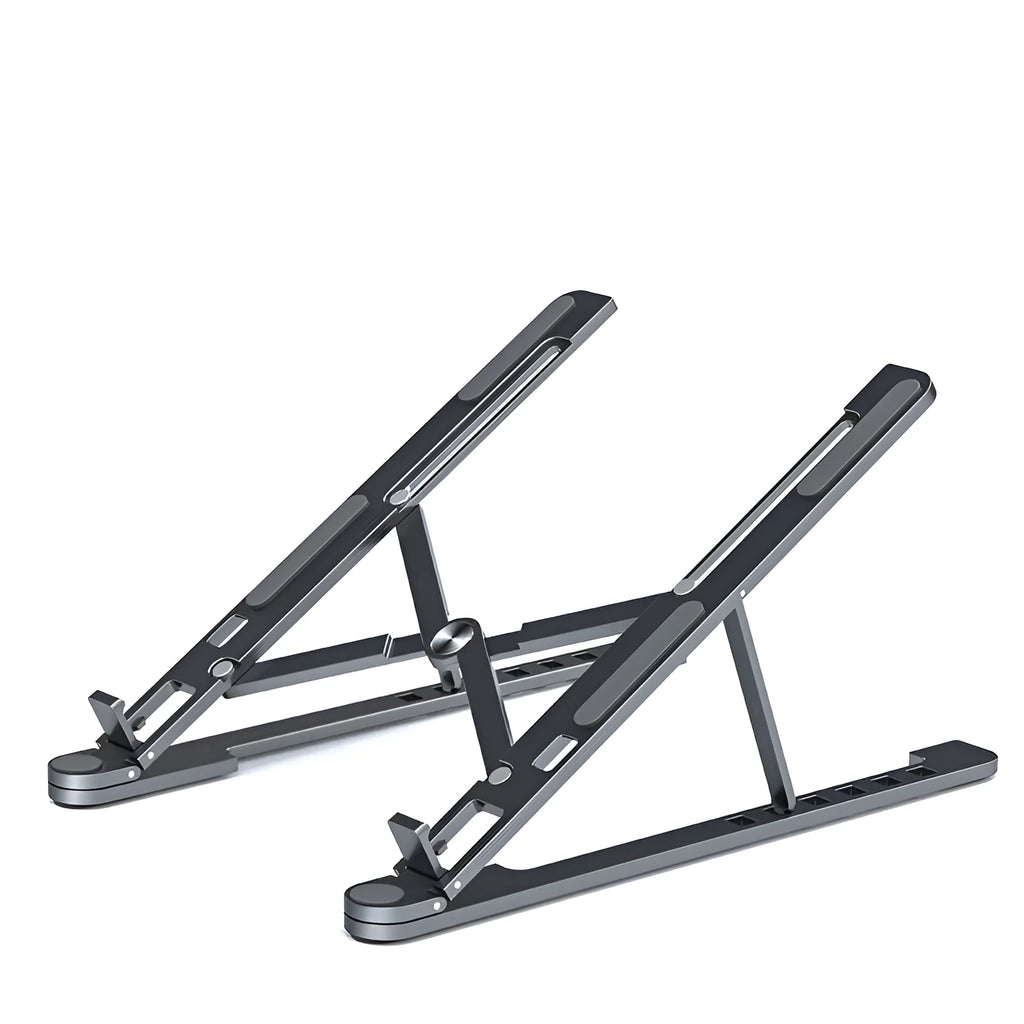 Aluminium foldable laptop stand shown in silver colour, adjusted to a mid-height position.