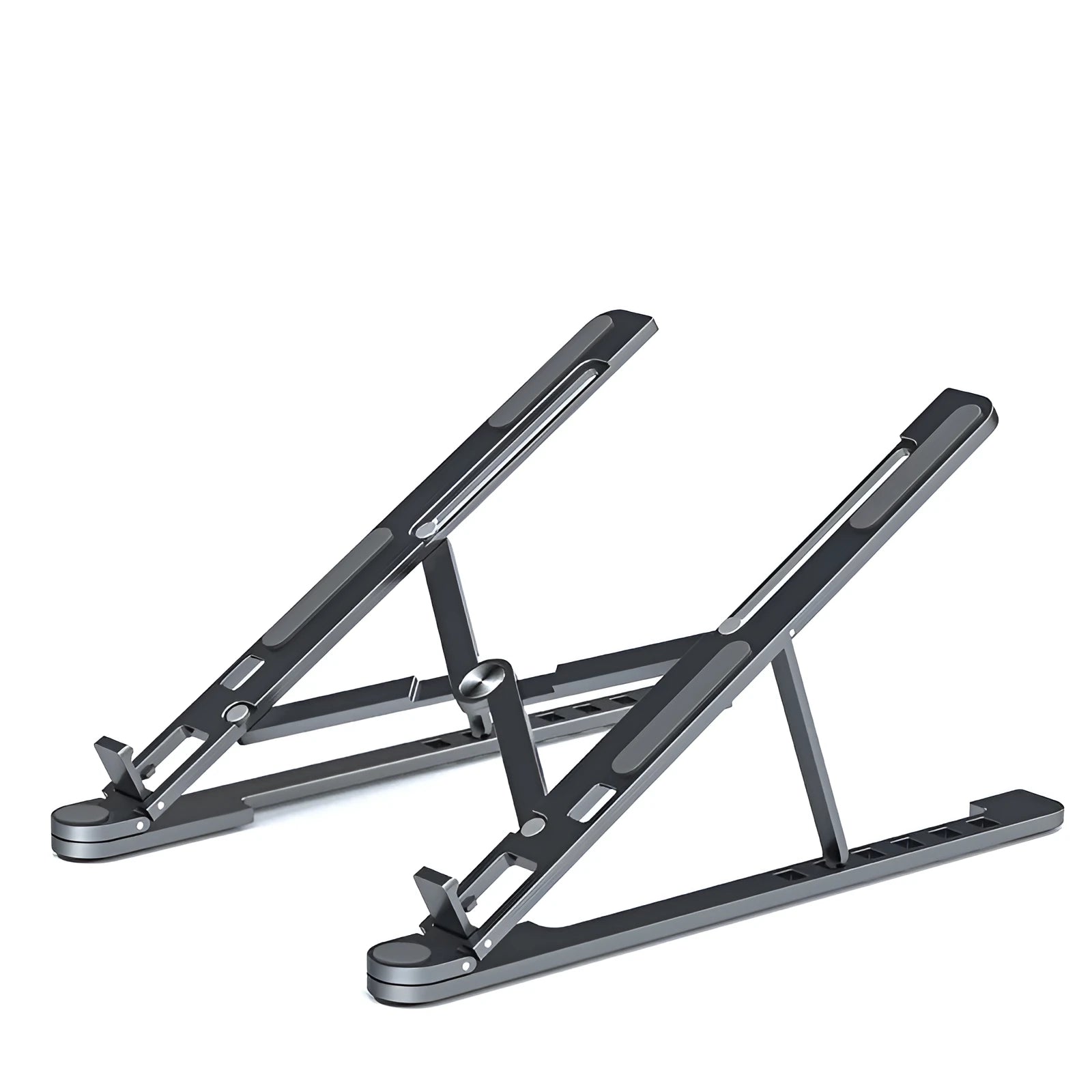 Aluminium foldable laptop stand shown in silver colour, adjusted to a mid-height position.