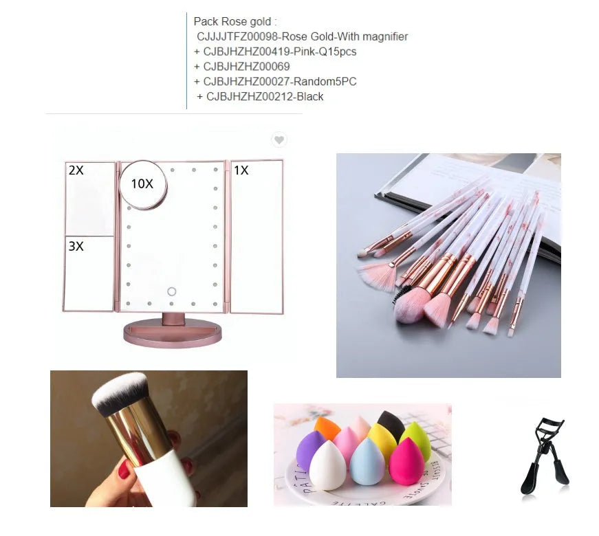 Makeup mirror with magnifier and brush powder puff suit in rose gold finish