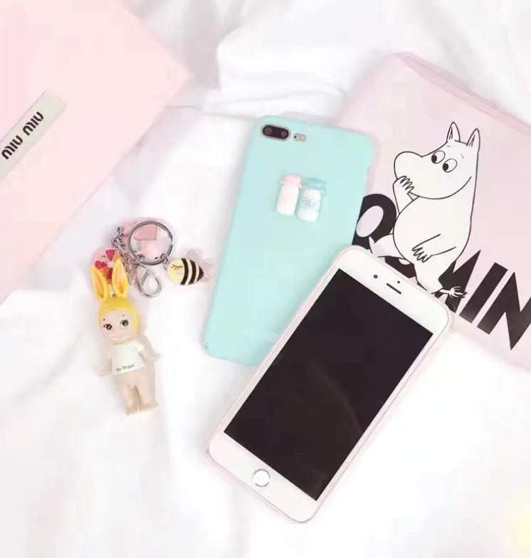 Frosted phone case with 3D milk bottle and coffee cup figures in turquoise or light pink for iPhone
