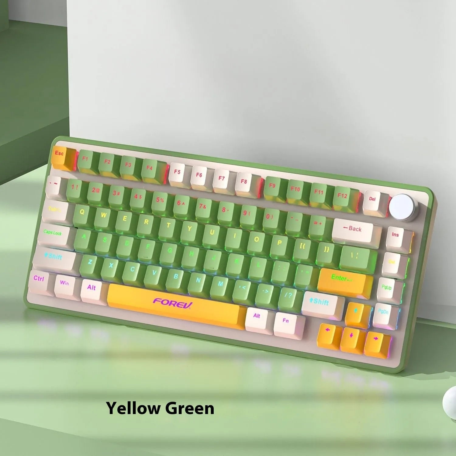 Custom mechanical keyboard and wireless mouse in selected colour option with backlight illumination.