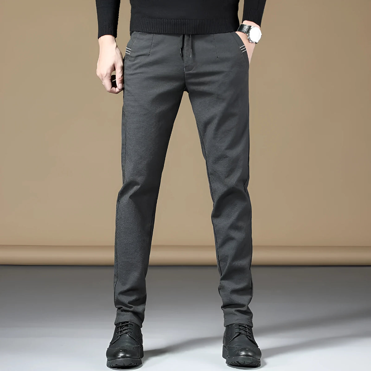Men's cotton casual pants in Army Green, Black, Brown or Grey, Asian sizes 28 to 38