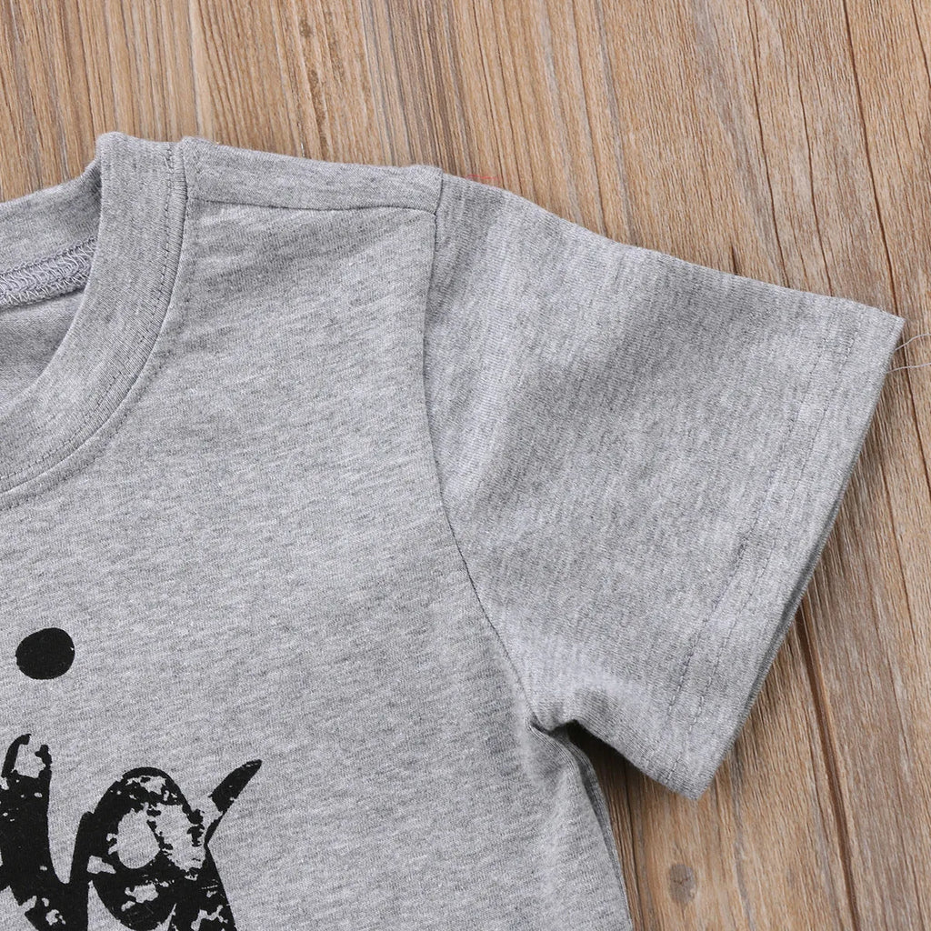 Grey cotton printed t-shirt for children with sibling themes in Asian sizes from 60cm to 140cm