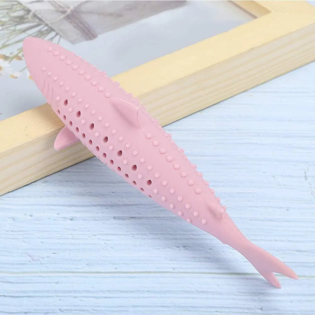 Green silicone fish-shaped cat chew toy with breathable side holes