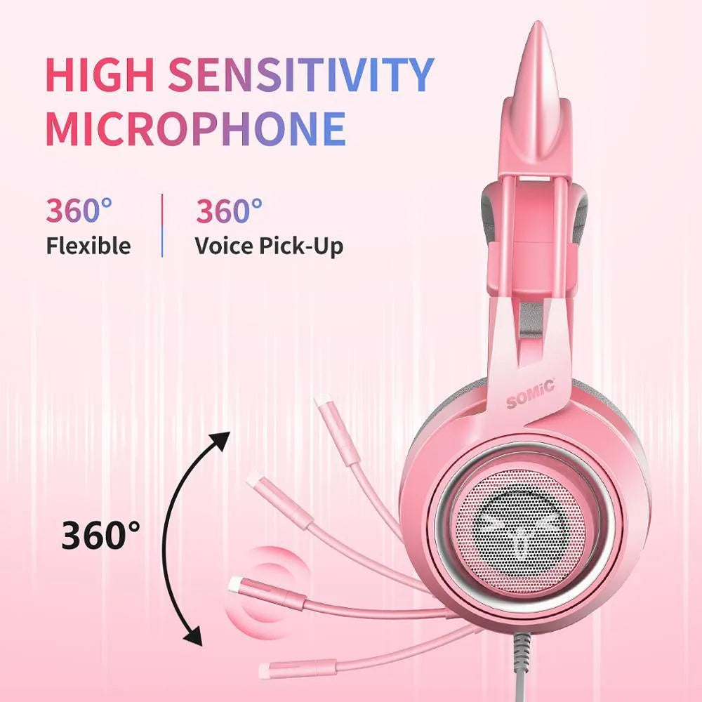 G951s pink cat ear gaming headset with adjustable headband and built-in microphone on white background