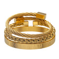 Three alloy bracelets with geometric design in black, gold and silver, unisex electroplated wristwear set