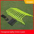Set of six foldable hexagonal football agility training rings in yellow, green, and orange colours.
