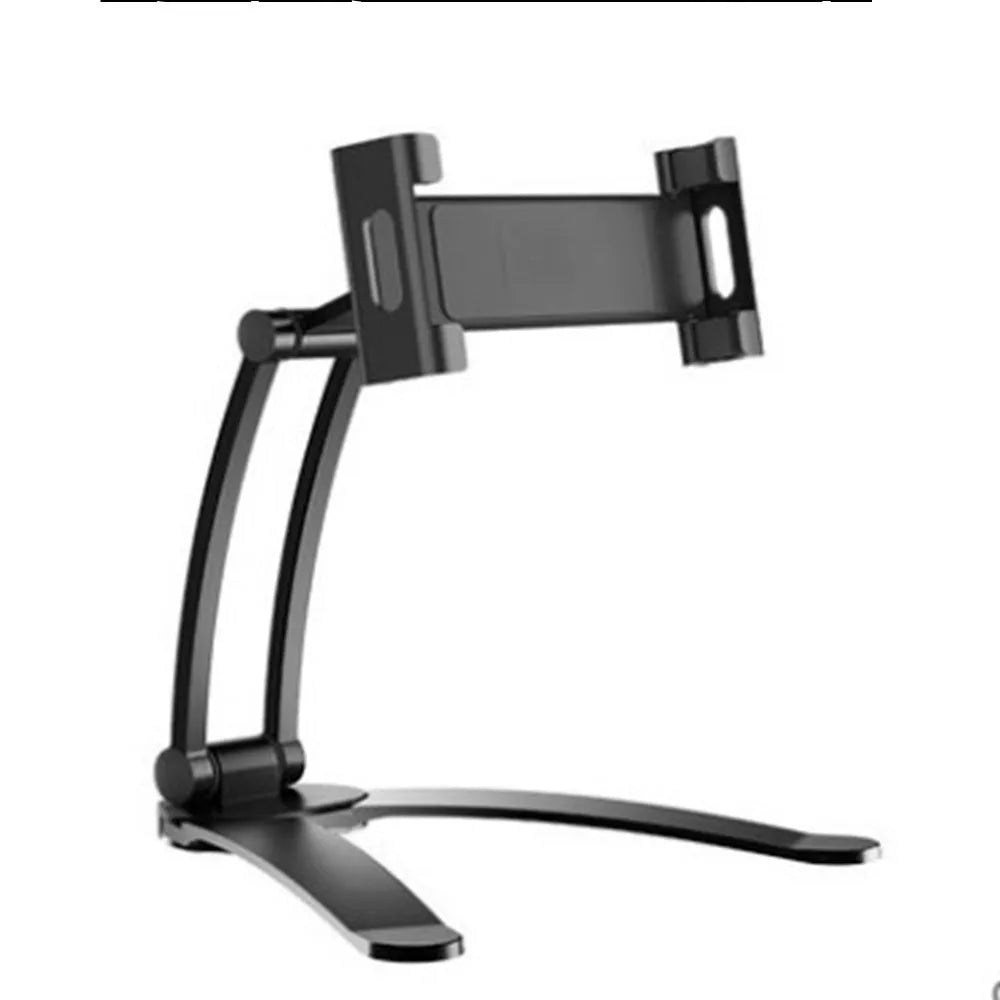Silver aluminium desktop stand holding a tablet at an angle on a wooden desk.