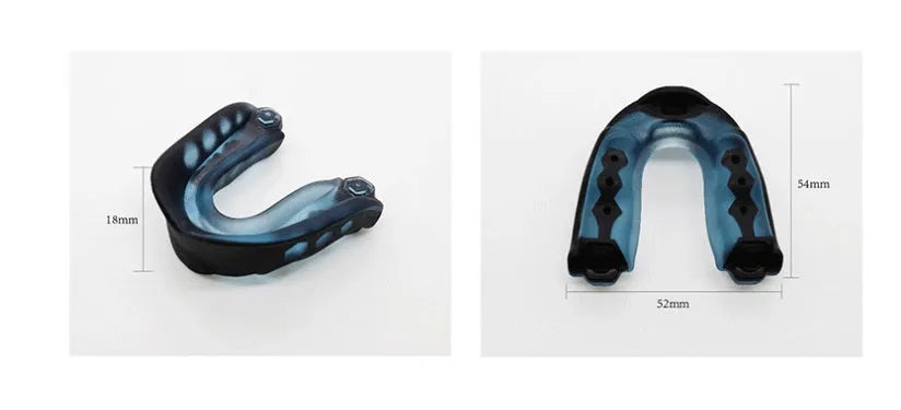 Professional boxing Sanda mouthguard with dual density silicone, 50x51x18mm, in blue with transparent storage box