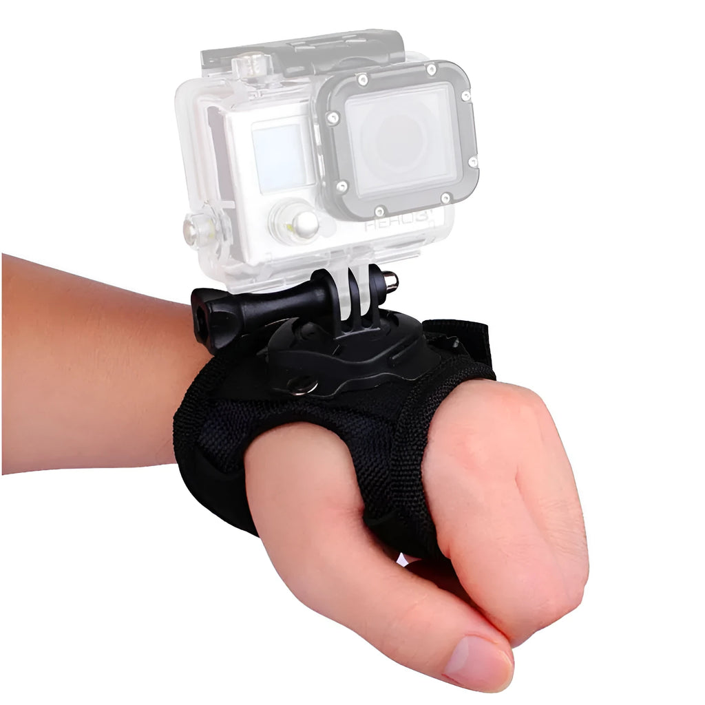 GoPro action camera mounted on black 360-degree rotating wrist strap with back cushion