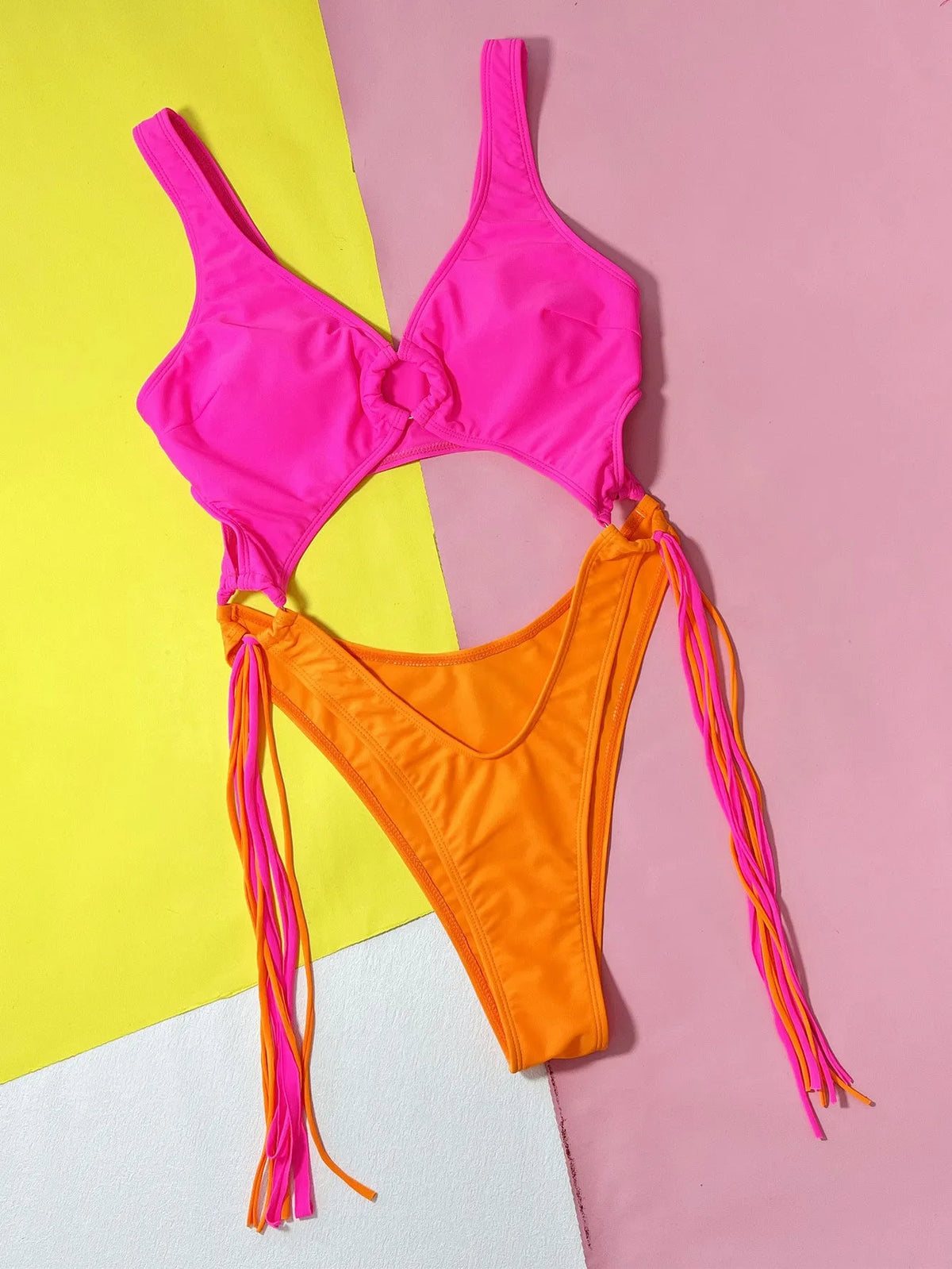 Women's one-piece hollow-out steel ring tassel swimsuit in rose red for swimming and wading