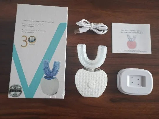 360 degree U-shaped electric toothbrush with blue light, food grade silicone bristles, and USB charging cable