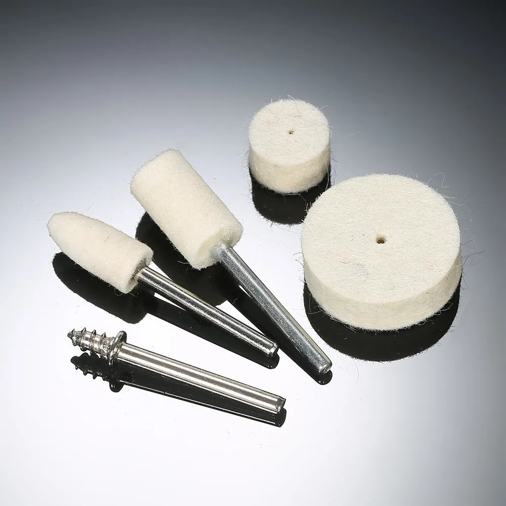 129-piece polishing wheel accessories set with white wool pads and iron shanks for rotary tool use