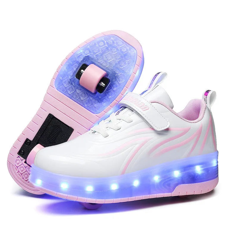 Light charging pulley shoes with double PU wheels in Black Blue colour, size 28-40