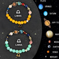 Set of two natural stone beaded bracelets showing different zodiac sign charms on a white background.