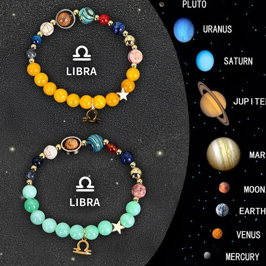 Set of two natural stone beaded bracelets showing different zodiac sign charms on a white background.
