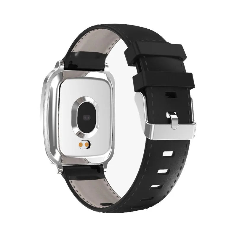 M8 smart fitness bracelet in black with zinc alloy body and TPU strap on a wrist, displaying heart rate data.