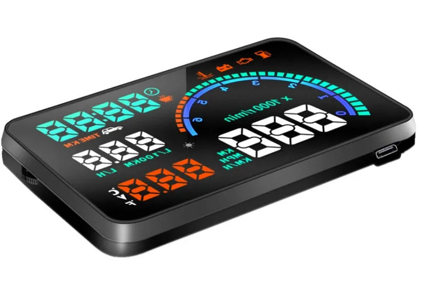 Black car head up display with 5.5-inch LED screen on dashboard showing speed and fuel data