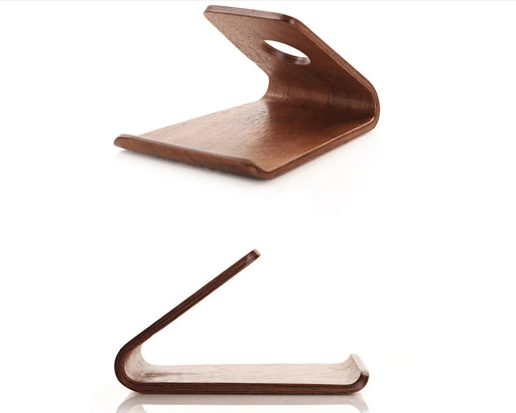 Wooden iPhone stand in walnut finish holding an Apple iPhone