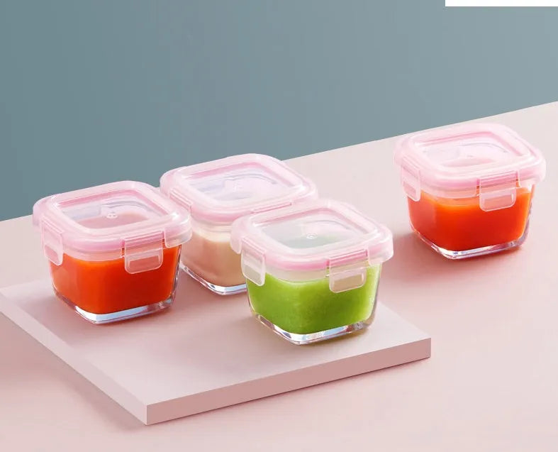 RREIAO infant food supplement box 160ml glass with blue silicone PP lid on white background