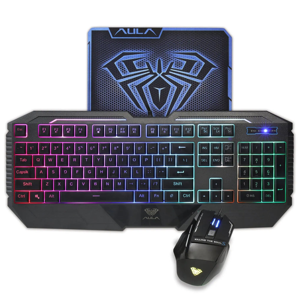 Backlit keyboard and mouse set with rainbow lighting, gold-plated USB cable, black and white colour options