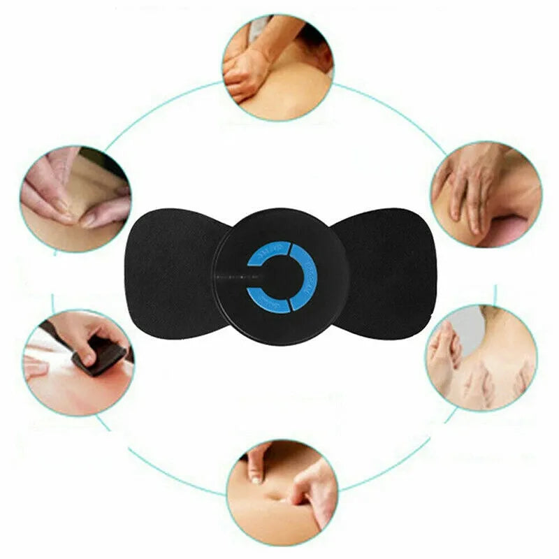 Black mini electric shoulder and neck massager with massage patch next to its 15cm long packaging.