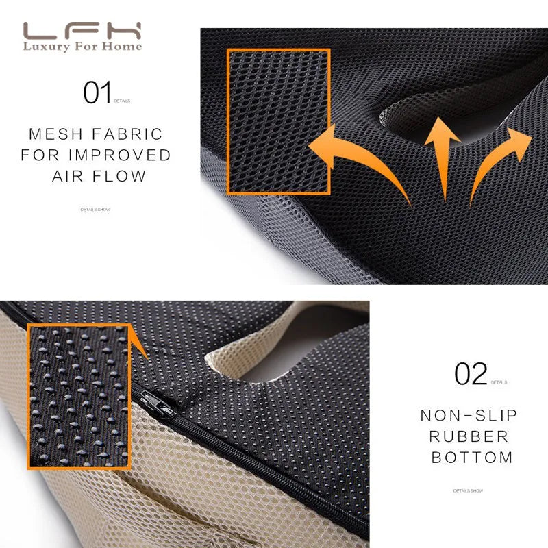 Black and grey coccyx orthopedic memory foam cushion with breathable mesh cover, 45x38x13cm