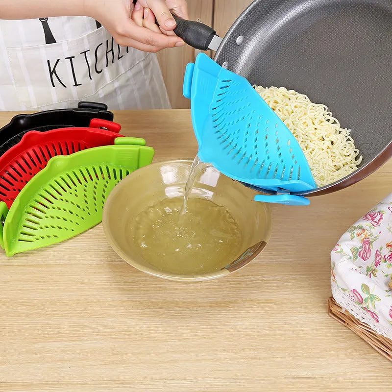 Silicone clip-on kitchen funnel strainer with stainless steel mesh filter in various colour options