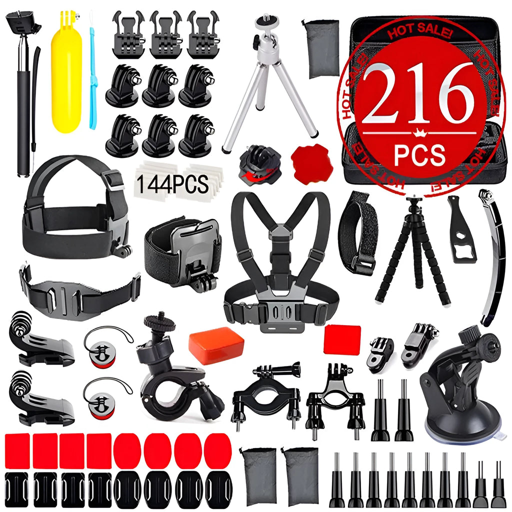 Black sports camera accessories set with storage bag, helmet mount, chest strap, selfie stick, and tripod
