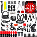 Black sports camera accessories set with storage bag, helmet mount, chest strap, selfie stick, and tripod