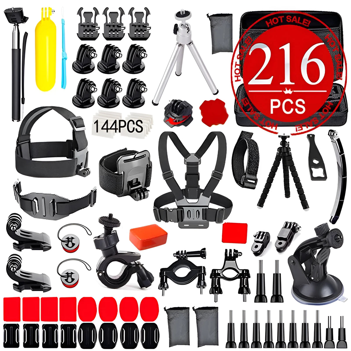 Black sports camera accessories set with storage bag, helmet mount, chest strap, selfie stick, and tripod