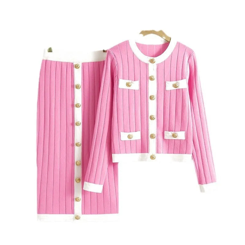 Women's knitted cardigan and midi skirt two-piece set in viscose fibre with contrast colour detail