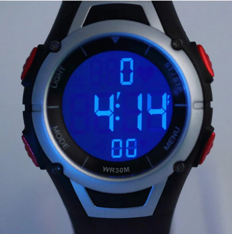 Black rubber and steel heart rate monitor watch with chest strap, 3m waterproof, round dial, backlight