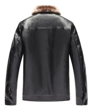 Men's winter PU leather biker jacket in black with visible zipper and stand collar, shown on a hanger.