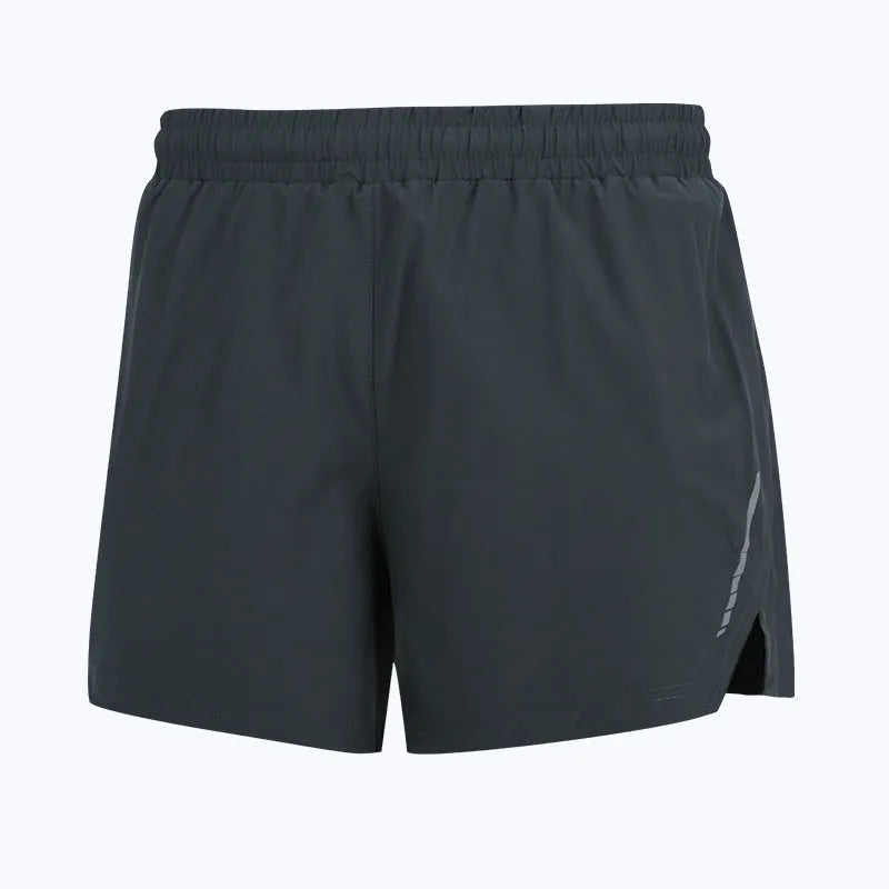 Men's straight-cut quick-dry polyester running shorts in grey, black, green, and blue colours.