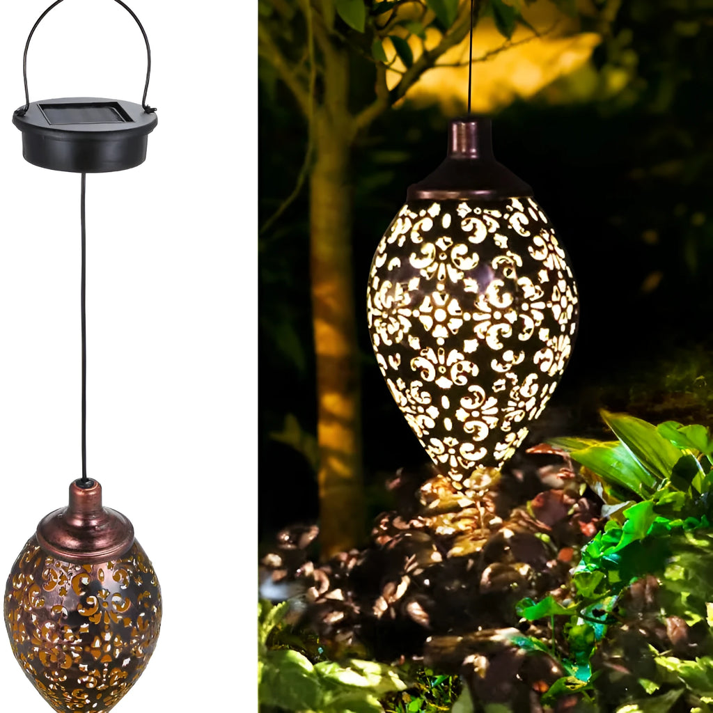 Outdoor solar hollow lamp with iron construction, warm white LED, IP55 waterproof, 60 cm height