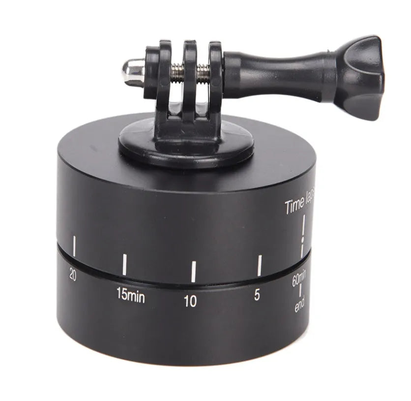 Lapse-compatible 360-degree auto-rotate camera tripod head on a tripod.