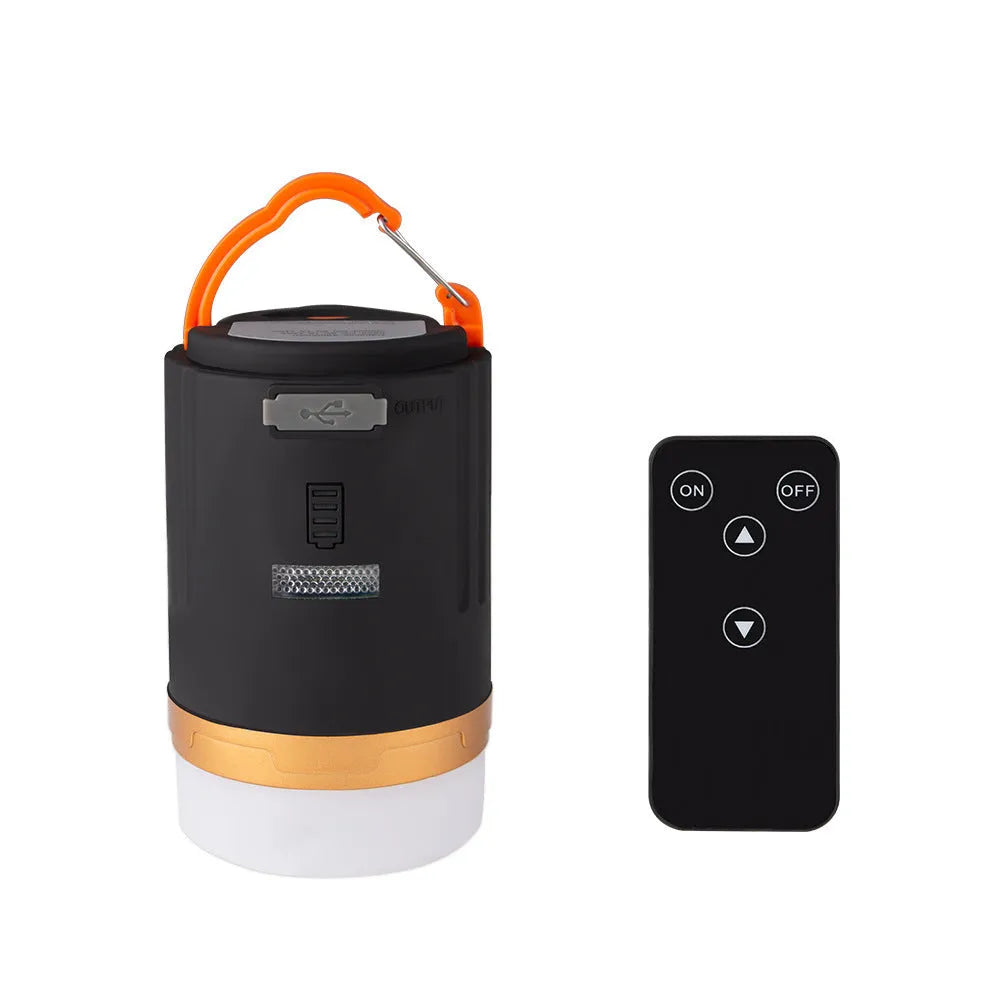 Black rechargeable LED camping light with remote control, hanging hook, and magnet, IPX6 waterproof