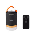Black rechargeable LED camping light with remote control, hanging hook, and magnet, IPX6 waterproof