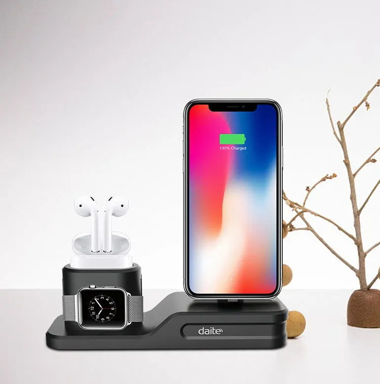 Black silicone 3-in-1 charging base for Apple iPhone, iWatch and AirPods
