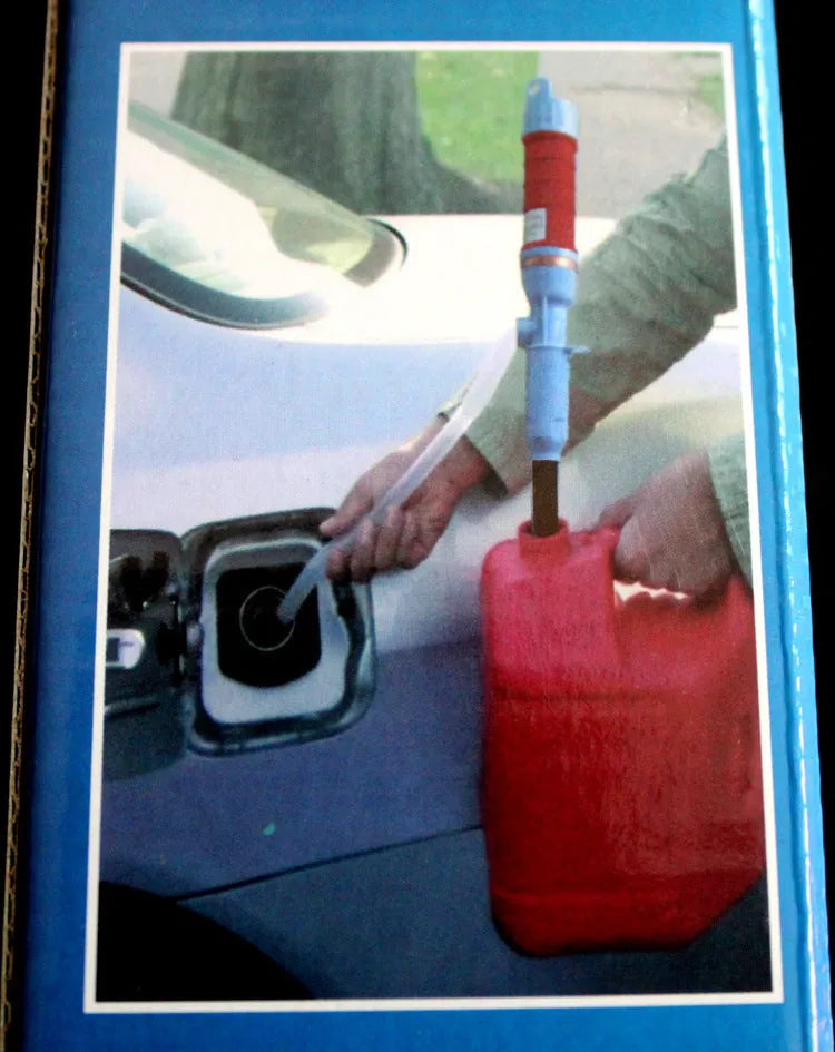 Blue and red manual hand siphon pump for transferring fuel, oil, and chemicals.