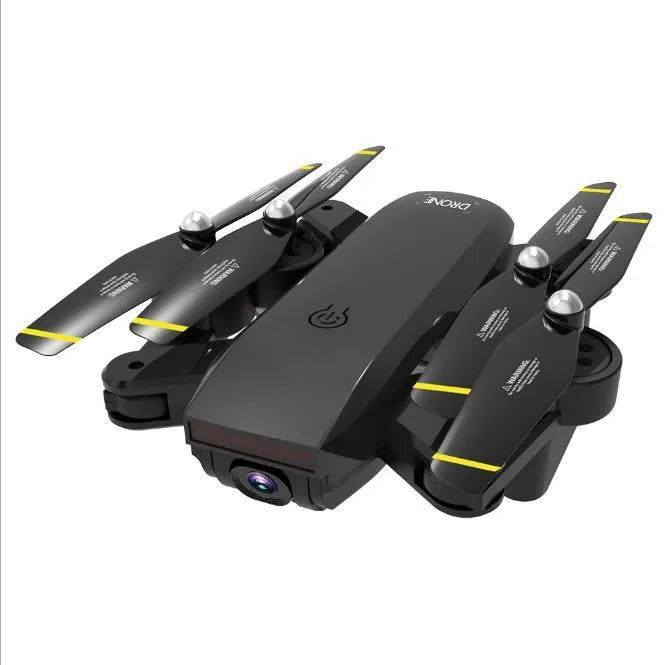 Quadrocopter drone with 4K optical flow dual camera in black, showing propellers and camera array