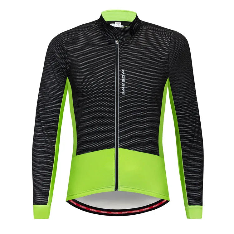 Unisex autumn winter cycling fleece warm jacket in Black Green, 100% polyester, size S to XXL