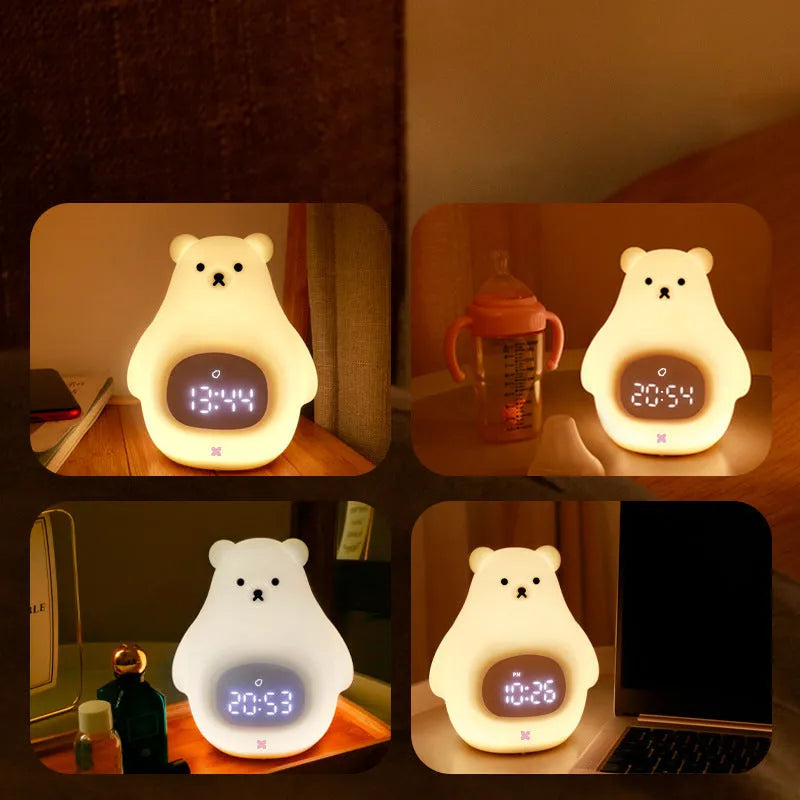 Big White Bear shaped silicone night light with soft glow and remote control on a bedside table.