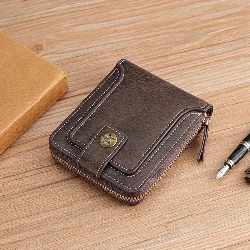 Men's two-fold short wallet in European American style with PU leather construction